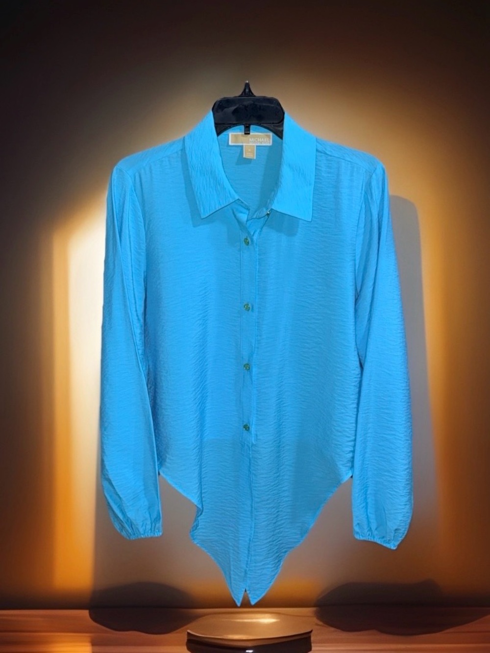 MICHAEL Michael Kors Sky Blue Low High Blouse with Gold Button Accents-M-EC